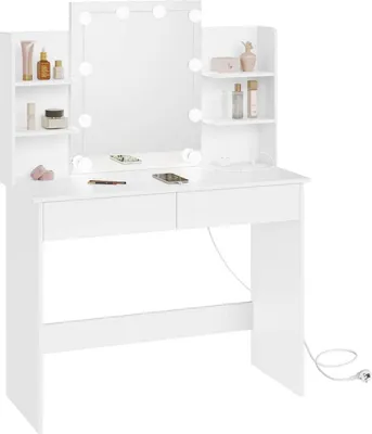 A white vanity table with a mirror and LED lights, two drawers, and shelves on the sides.