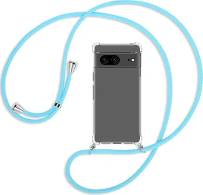 Produktbild von Handykette Backcover-Schutzhülle mit Band (Metall silberfarben) für Google Pixel 7 - himmelblau