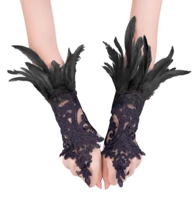 Produktbild von Damen-Federarmbänder, gotische Spitze, Feder, lange fingerlose Handschuhe, Halloween-Party-Cosplay-Accessoires, Schwanenflügel-Armband für Bühnenauftritte