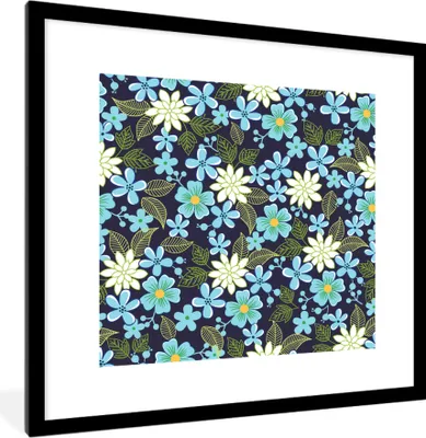 Produktbild von MuchoWow® MuchoWow® Gerahmtes Poster Blumen - Blätter - Blau 40x40 cm - Poster mit zchwarzem Bilderrahmen - Poster - Plakat im Rahmen