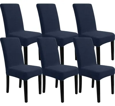 Immagine prodotto di Copri sedie elasticizzati, set da 6, blu scuro, motivo jacquard, lavabili, per sedie da pranzo