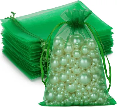 Produktbild von 50 grüne Organza-Säckchen von 10 x 15 cm für Hochzeiten, Feste und Festivals - praktische Geschenktäschchen mit Zugband