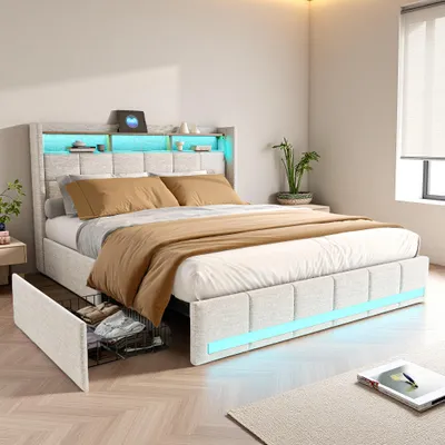 Produktbild von UnboxG Polsterbett 140x200cm mit USB und Steckdosen, Jugendbett Doppelbett mit 4 Schubladen, Stauraumbett Massivholzbett mit LED/Typ C und Lattenrost, Leinen