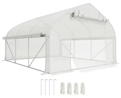 Image de Serre tunnel - Serre de jardin - 10,4 m² - 350 x 300 x 200 cm - Film PE anti-UV - Porte à rouleau avec fermeture éclair - Fenêtres en filet - Vert armée
