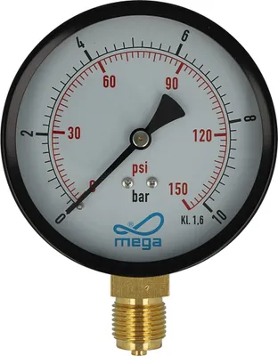 Produktbild von MEGA Druckmanometer 0 - 10 bar - 1/2 Zoll Anschluss nach unten Radial Ø 100 mm