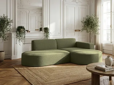 Produktbild von Ecksofa 3-Sitzer im Loft-Stil, Skandi-Design – L-Form Wohnlandschaft, Ottomane, Ecke Rechts – inkl. Dekokissen, weiches Boucle – Grün