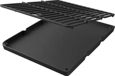 A black grill grate and a black drip pan are shown separated from each other.