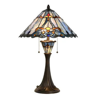 A Tiffany-style table lamp with a stained glass shade.
