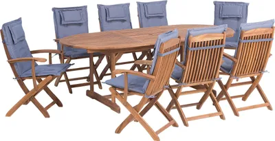 Zdjęcie produktu dla BELIANI Zestaw mebli ogrodowych jasnobrązowy akacjowe stół krzesła z niebieskimi poduchami 8-osobowy set rustykalny design