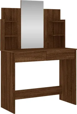 A brown oak-effect dressing table with a mirror and shelves.