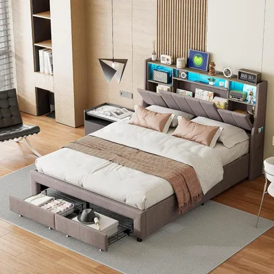 Obrázek produktu pro Postel s úložným prostorem – dvojlůžko – vybavení ložnice – s LED osvětlením – 140x200 cm – šedá barva