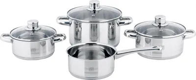 A set of four stainless steel pots with glass lids, arranged on a white background.