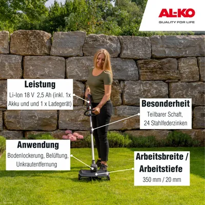Produktbild von AL-KO Akku-Rasenlüfter AR 1835, 18 V Li-Ion (Akku und Ladegerät im Lieferumfang), 2x17 cm Arbeitsbreite, 24 Stahlfederzinken, teilbarer Schaft