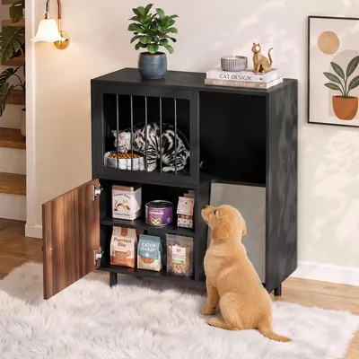 Produktbild von Merax Katzenfutterstation mit Stauraum und Kratzbrett, hundesicherer Katzenfutterschrank mit Gittertür, erhöhte Futterstation, Sideboard, Natur