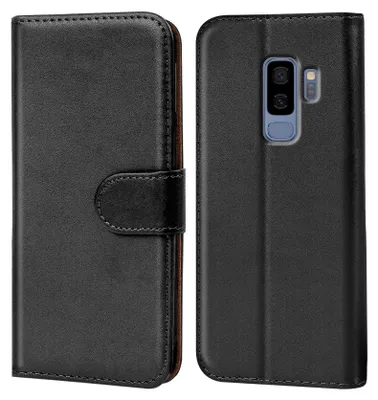 A black flip case for a Samsung Galaxy S9 Plus phone is shown, with the phone inserted in the right panel.