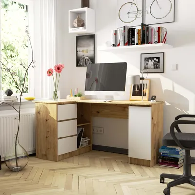 Obrázok produktu pre Rohový písací stôl v tvare L, dĺžka 155 cm, s 3 zásuvkami a 1 dvierkami, počítačový stôl so 4 priehradkami