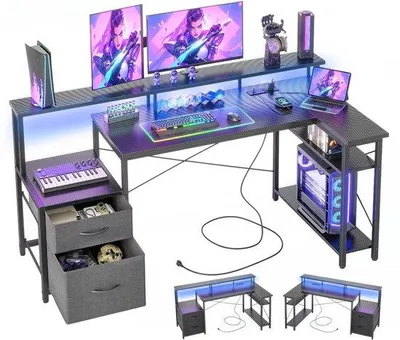 Zdjęcie produktu dla Biurko narożne w kształcie litery L marki Unyqoos® z oświetleniem LED (sterowanie pilotem), z wbudowanymi portami USB i typu C, z miejscem do przechowywania – rama metalowa i płyta MDF, półka na monitor, 2 półki, 2 szuflady z materiału