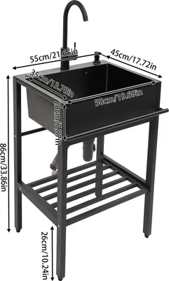 Produktbild von Gastronomie Spülbecken - Freistehendes Gewerbe-Spülbecken - Edelstahl - 55×45×86 cm - Einzelbecken - Mit Wasserhahn - Zwei Löcher - Montage erforderlich - Schwarz