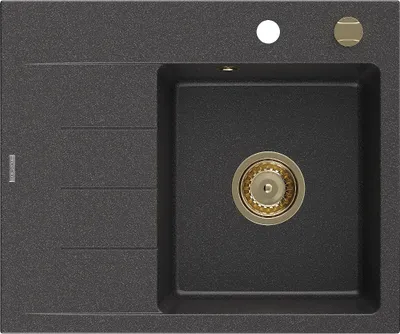 Produktbild von Mexen Ben Granitspüle 1-Becken mit Abtropffläche rechts 600 x 500 mm, schwarz gesprenkelt, goldener Siphon - 6523605000-76-G