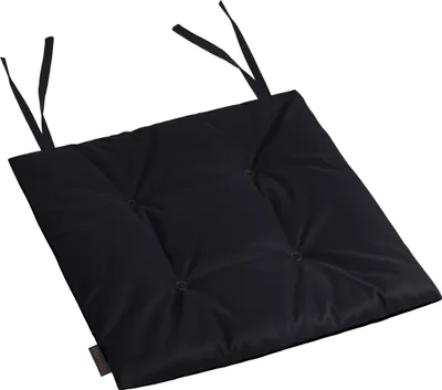 A black seat cushion with ties, presented on a white background.