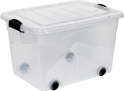 A clear plastic storage box with black wheels and black handles.
