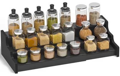 Produktbild von Ausziehbares, stehendes Gewürzregal mit 3 Ebenen, Gewürzorganizer für Küchen und Schränke (schwarz)