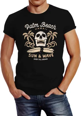 Produktbild von Herren T-Shirt Surf-Motiv Totenkopf Palm Beach Neverless® schwarz 4XL