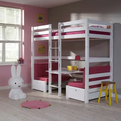 Produktbild von Etagenbett Finley Buche 90x200 cm Weiß mit Sitzgelegenheit und Kissen
