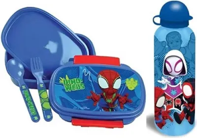 Produktbild von Marvel Spidey Spiderman 4 tlg Kinder Lunch Set Brotdose Trinkflasche Besteck - Hellblau