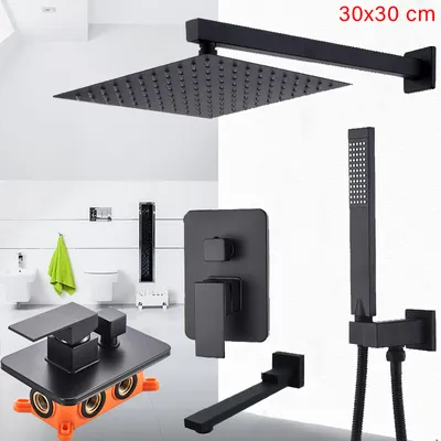 A collage of black bathroom fixtures, including a showerhead, faucet, and shower controls, set against a white and light gray background.