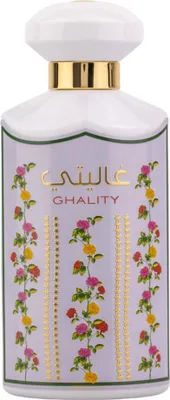 A perfume bottle with floral decorations.