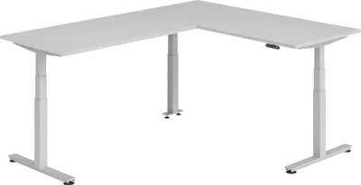 Produktbild von bümö Eckschreibtisch elektrisch höhenverstellbar L-Form - Gestell: Silber, Nachbildung: Grau, Größe: Eckschreibtisch 180 x 240 cm