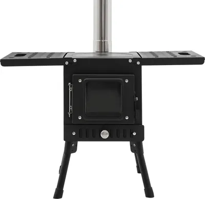 Image de Poêle à bois de camping - Poêle pour tente - Portable - Pliable - À bois - Avec cheminée - Avec pare-vent - Pour la cuisine en plein air - Noir