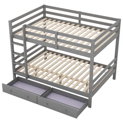 Produktbild von okwish Etagenbett Holzbett 140*200cm mit Stauraum- 2 Schubladen, Kinderbett Doppelbett-Hohe Geländer, ohne Matratze- Grau