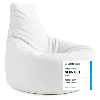 A white beanbag chair with a review badge on the side.