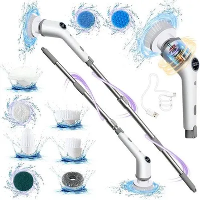 Immagine prodotto di Pulitori elettrici per l'acqua - Pulitore per il bagno resistente all'acqua (IPX8) con tubo in acciaio lungo - 2 velocità - 8 testine intercambiabili - Raschietto per doccia - Spazzola con tubo in acciaio