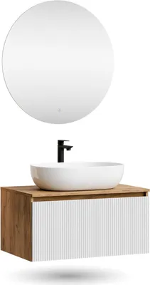 Produktbild von Planetmöbel ARISA Badmöbel Set Weiß Geriffelt – Mit Nova LED Spiegel und weißem Keramik-Aufsatzwaschbecken 60 cm