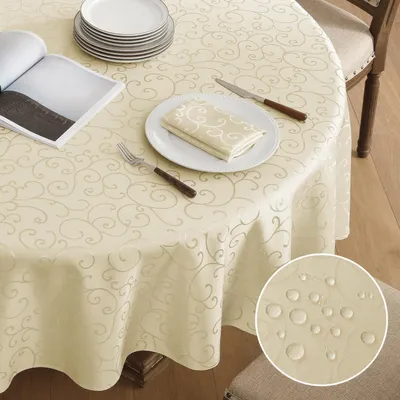 Zdjęcie produktu dla Okrągły obrus, 180 cm, beżowy, zmywalny, wodoodporny, tkanina żakardowa