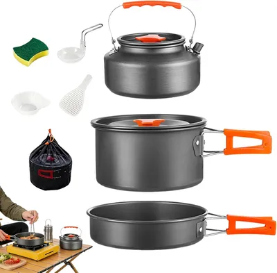 Produktbild von Campingkochgeschirr 3-teilig, Topfset, rostfreies Aluminium, kompakt, für Camping
