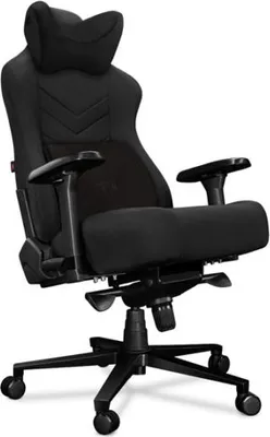 A black gaming chair shown from a three-quarter front view against a white background.