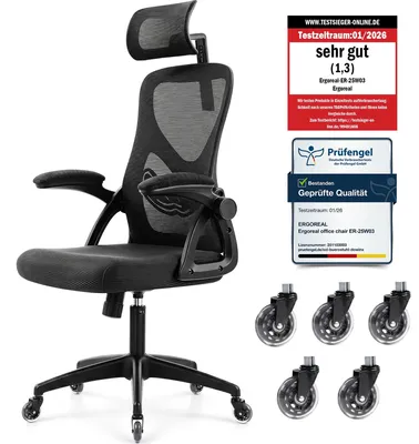 Produktbild von Bürostuhl ergonomisch mit Kopfstütze – Schreibtischstuhl Netz 200kg-Schwarz