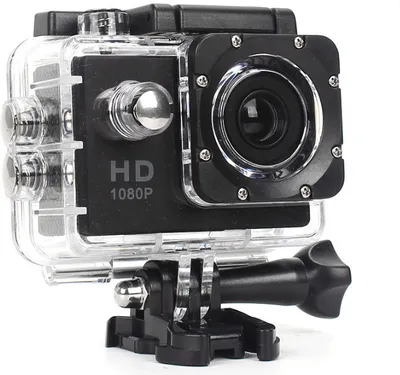 A close-up studio shot of an action camera in its waterproof housing, mounted on a bracket.
