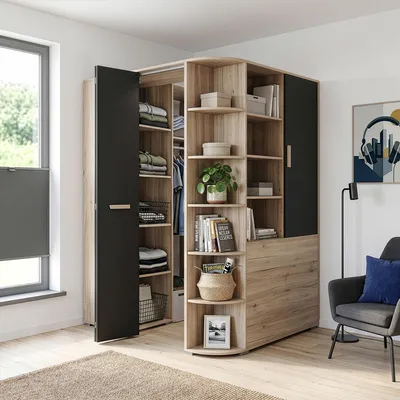 Produktbild von begehbarer Eckkleiderschrank mit Falttür in Eiche mit graphit CANTON-43