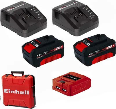 Produktbild von 2 x Einhell 4,0 Ah Akku + 2 x Ladegerät Power X-Change Li-Ion,18V + Koffer + USB