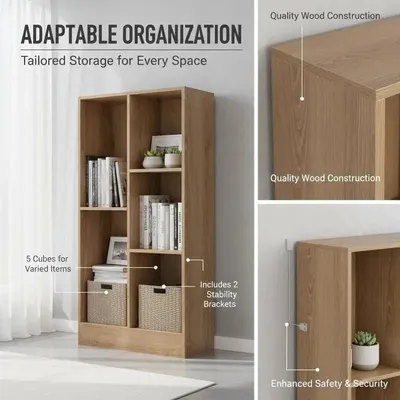 Image de Étagère bibliothèque autoportante avec 5 modules cubiques en bois naturel
