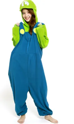 A person wearing a Luigi costume.