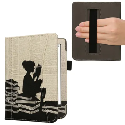 Produktbild von kwmobile Flip Hülle kompatibel mit Kobo Clara BW / Clara Colour / Tolino Shine (5) / Shine Color - Vorderfach Handschlaufe - Lesende Frau Schwarz