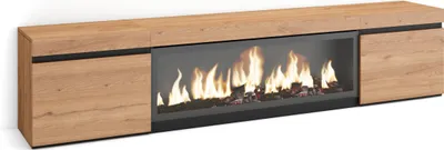 A modern TV cabinet with a built-in electric fireplace, made of wood.