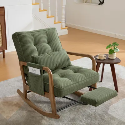 Produktbild von Loungesessel mit Fußstütze,Cord-Sessel mit Seitentaschen, ergonomischer Freizeitstuhl mit Lendenkissen & verstellbarer Lehne ,für Wohnzimmer, Grün