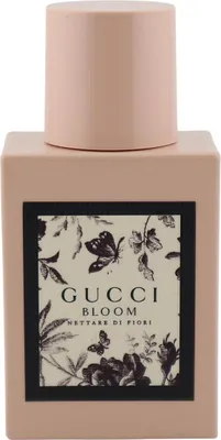 Gucci Bloom Nettare di Fiori Flakon in mattem Rosa mit Etikett aus Pflanzen- und Schmetterlingsillustrationen.
